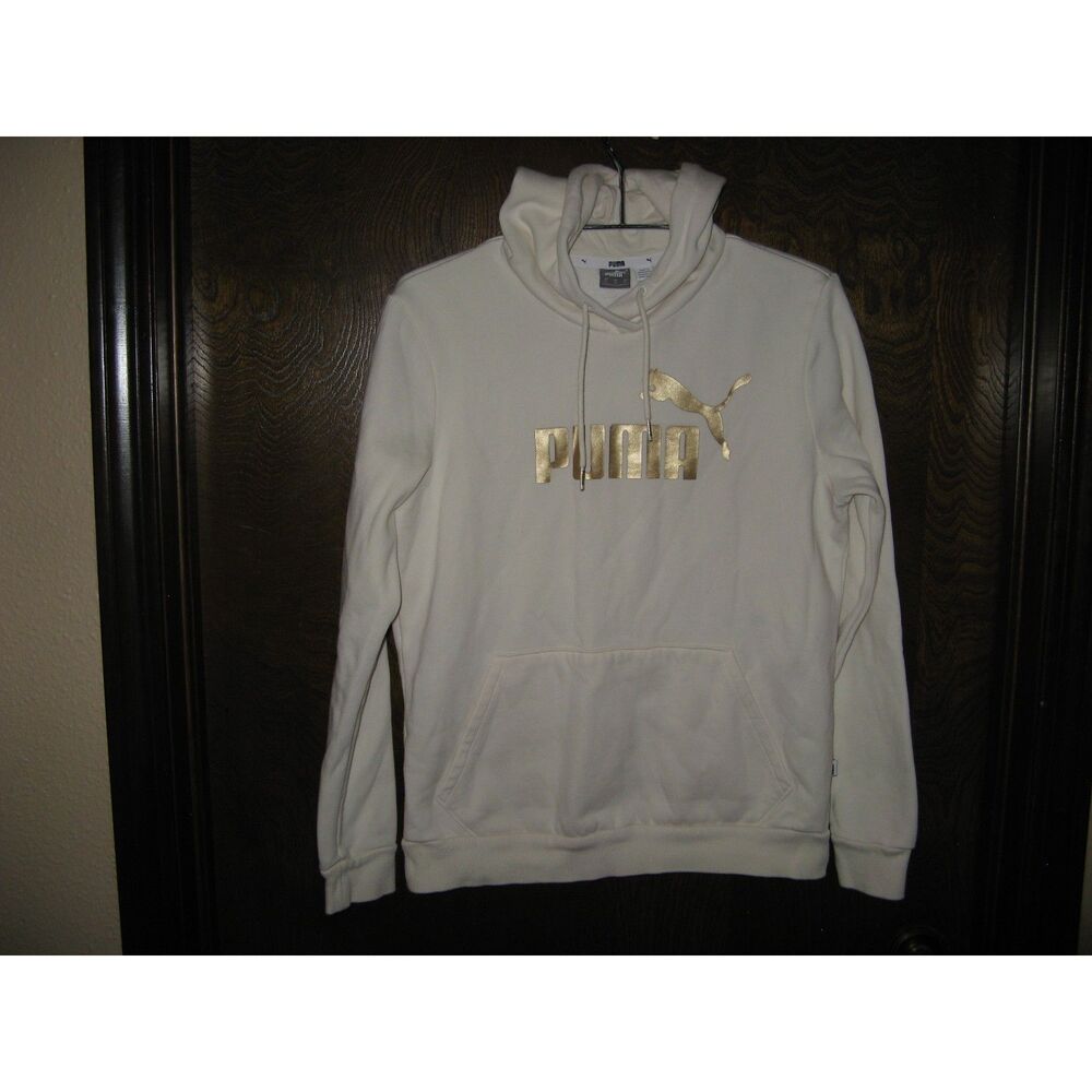 Womens Puma White  Hoodie Sweatshirt w Gold Puma Logo Size M Vintage
